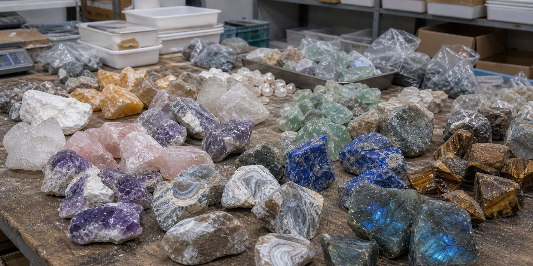 Rough natural stone samples on a modest Chinese workshop table